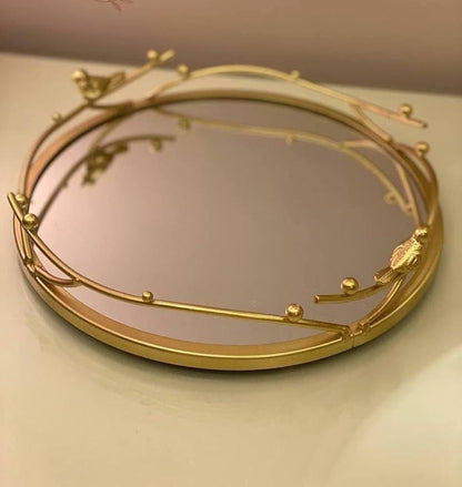 Golden Bird-Themed Decorative Mirror Tray – Luxe Home Decor