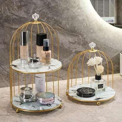 Golden Birdcage Marble Finish Tray Stand – 2 Tier Organizer