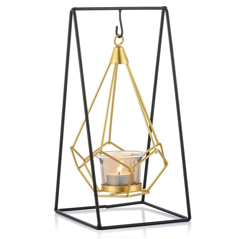 Geometric Tea Light Holder – Black & Gold Lantern