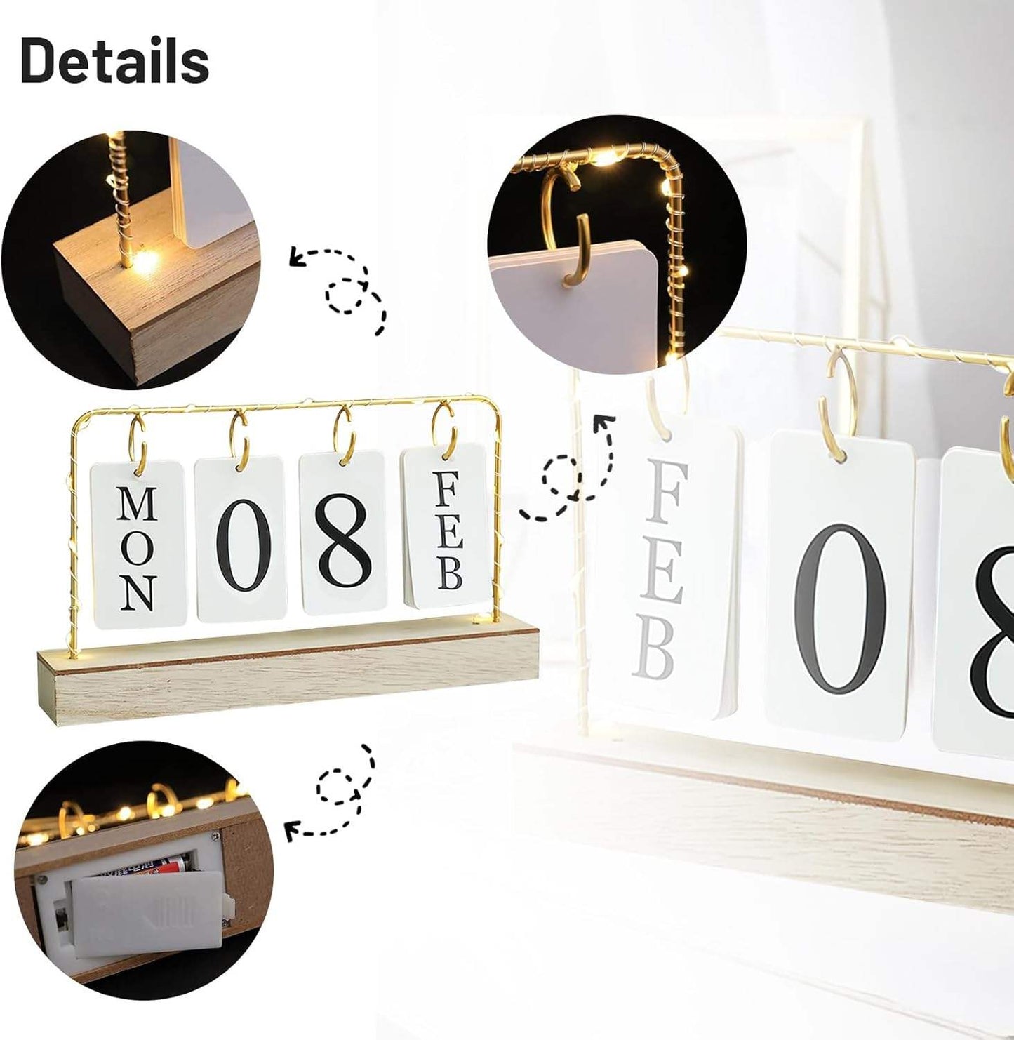 Perpetual Desk Calendar with LED String – Decorative Table Calendar
