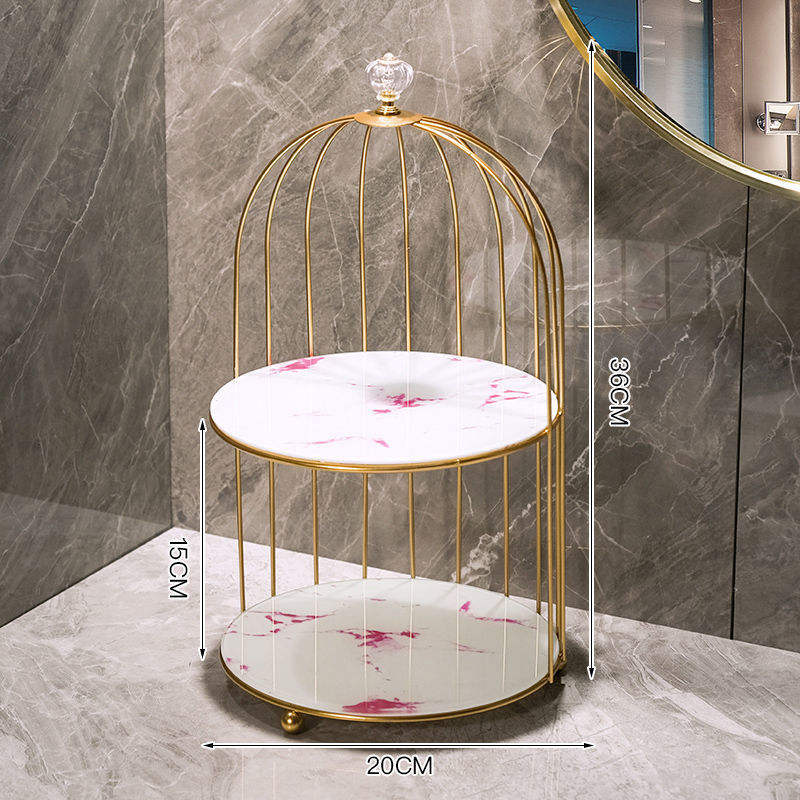 Golden Birdcage Marble Finish Tray Stand – 2 Tier Organizer