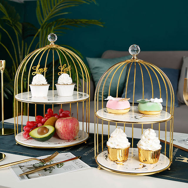 Golden Birdcage Marble Finish Tray Stand – 2 Tier Organizer
