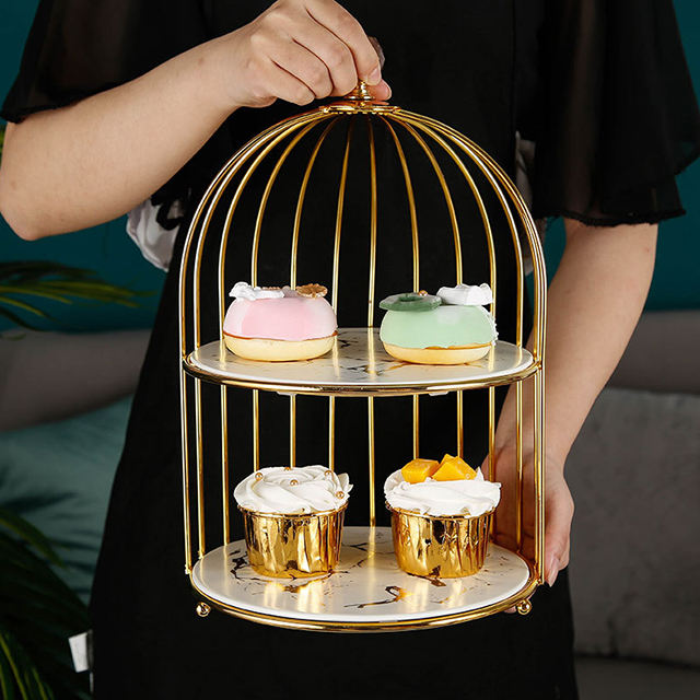 Golden Birdcage Marble Finish Tray Stand – 2 Tier Organizer