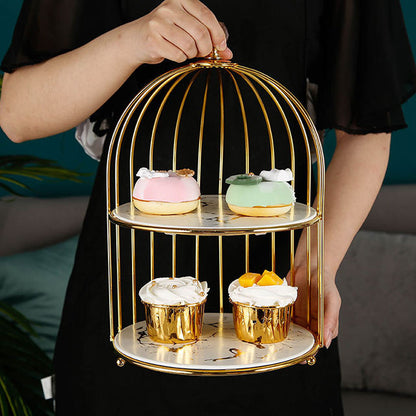 Golden Birdcage Marble Finish Tray Stand – 2 Tier Organizer