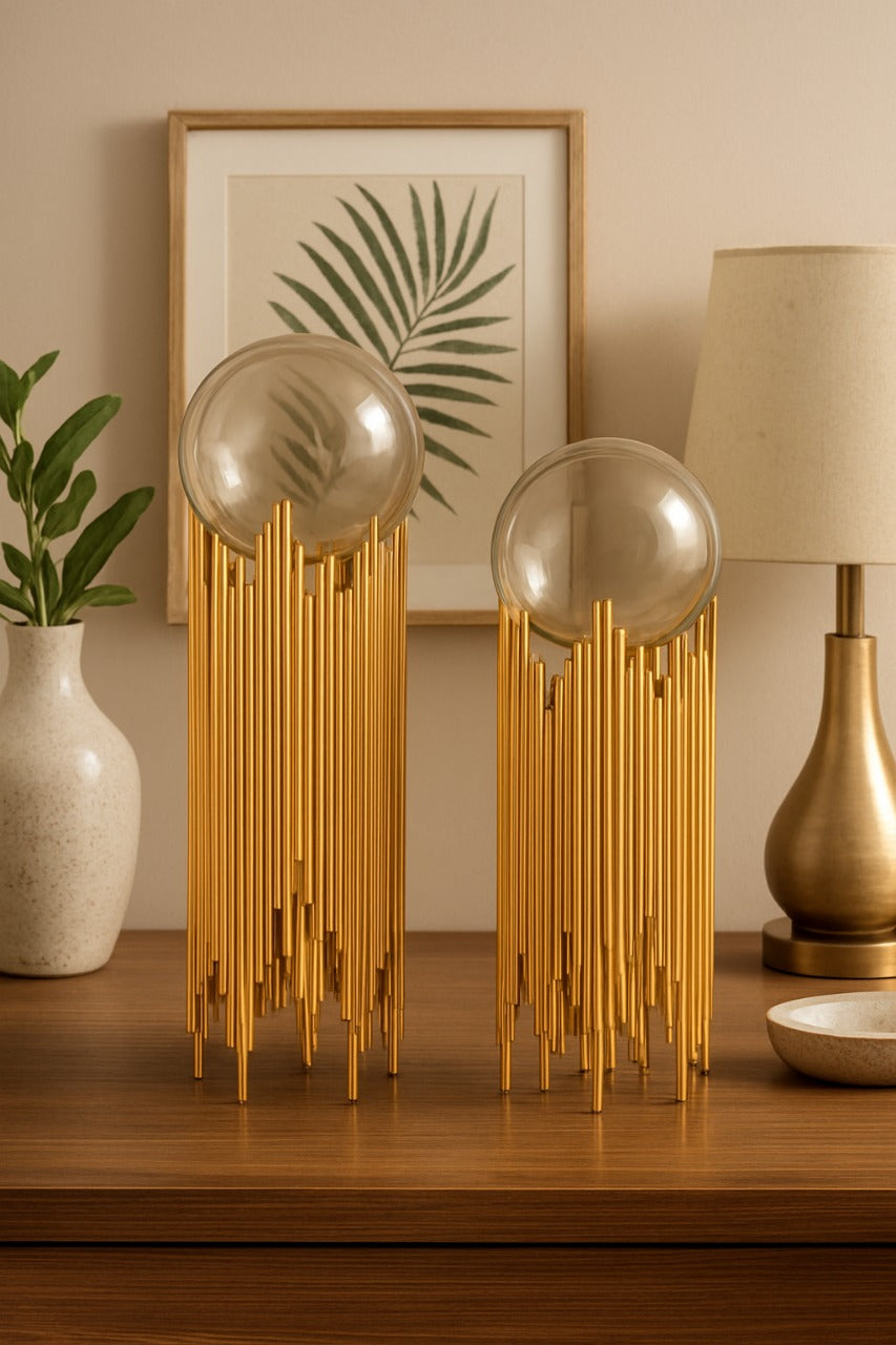 Golden Metal Crystal Orb Stand – Luxury Home Décor Accent